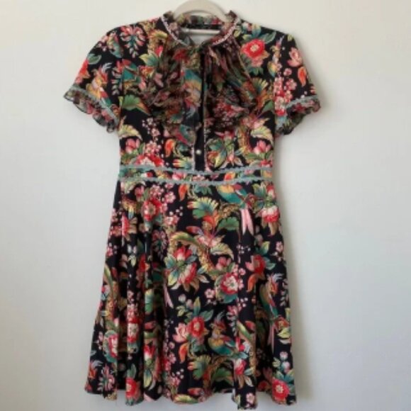 Dalia Macphee Black Floral Printed Mini Dress Size: M - Picture 1 of 7